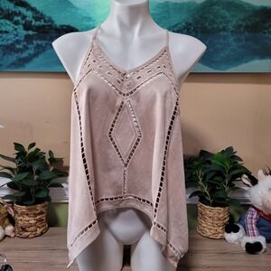 JOA Los Angeles Suede Feel Halter Neck Cutout Tassel Tank Top Size L new western